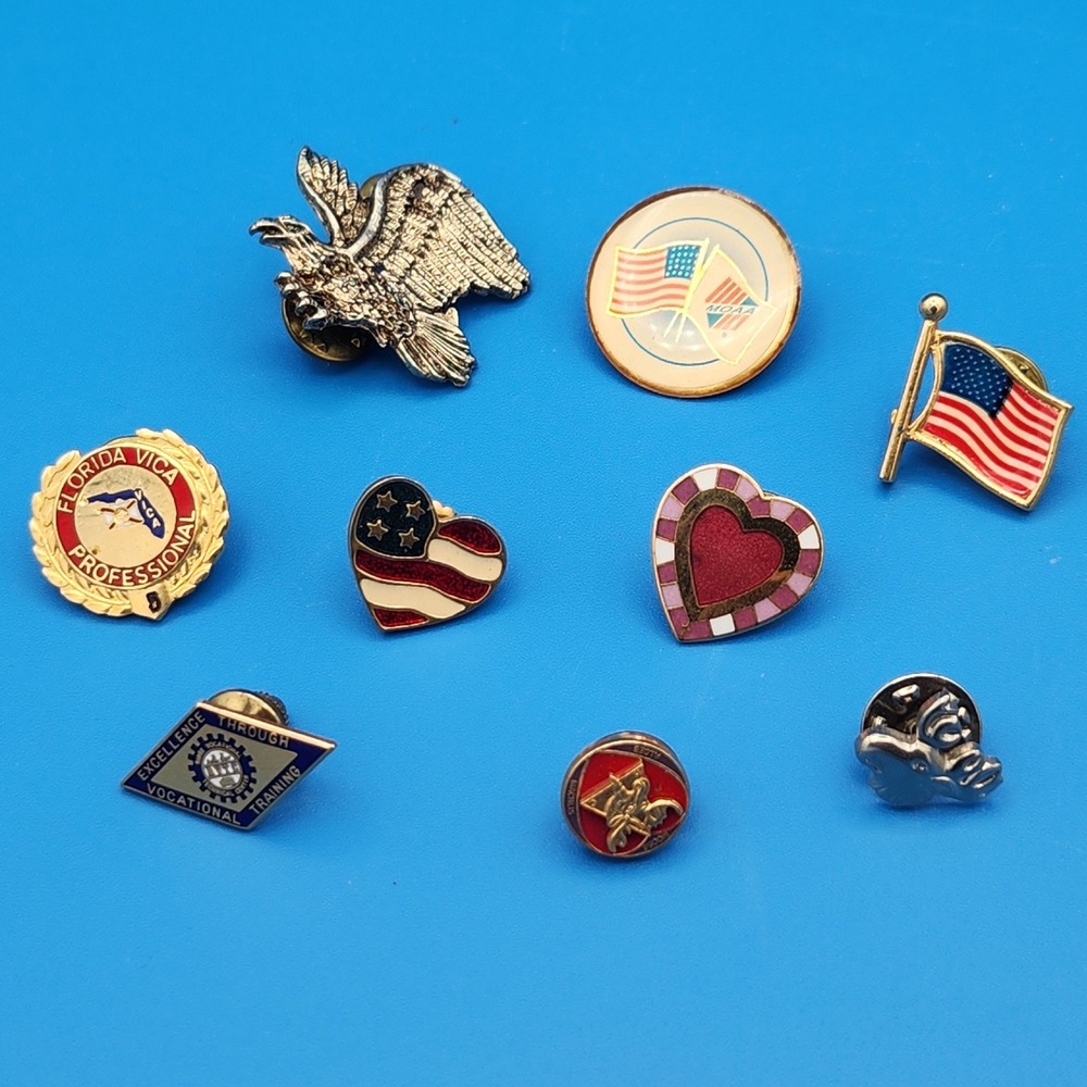 Vintage Lapel Pin Lot 9pc American Flag Eagle FL VICA Avon Heart MOAA Enamel